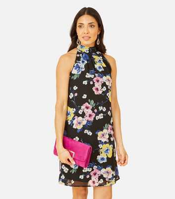 Yumi Black Floral Chiffon Halter Mini Dress