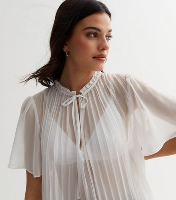 White Chiffon Pleated Frill Tie Neck Blouse