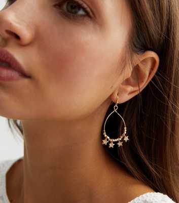 Gold Wire Star Charm Hoop Earrings