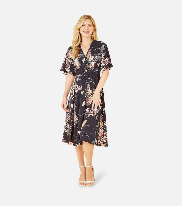 Yumi Navy Floral Butterfly Midi Wrap Dress