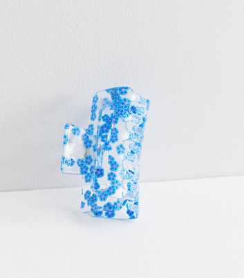 Bright Blue Floral Transparent Rectangle Claw Clip