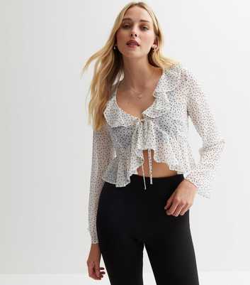 White Spot Scoop Neck Long Sleeve Ruffle Tie Front Blouse