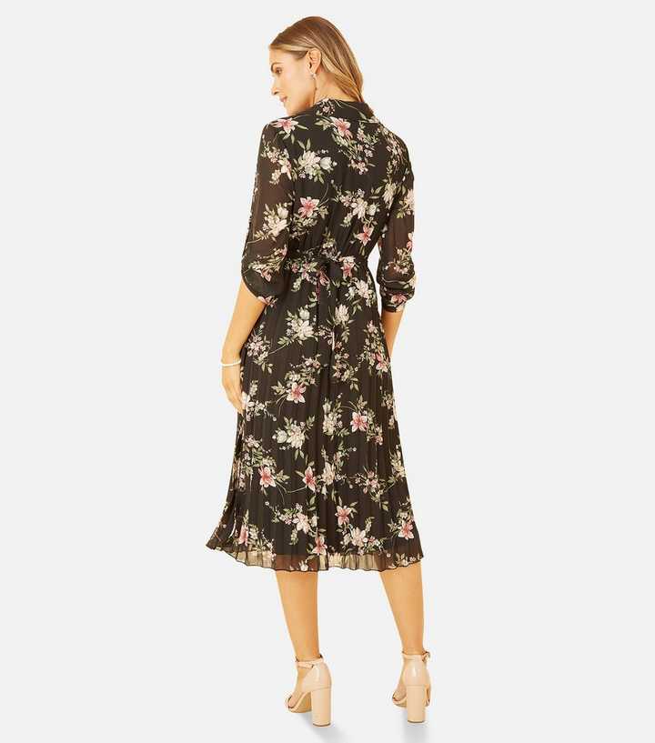 Pleated Wrap Dress - Black/floral - Ladies