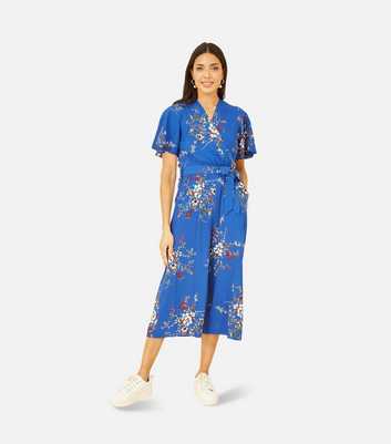 Mela Blue Floral Flutter Sleeve Crop Wrap Jumpsuit