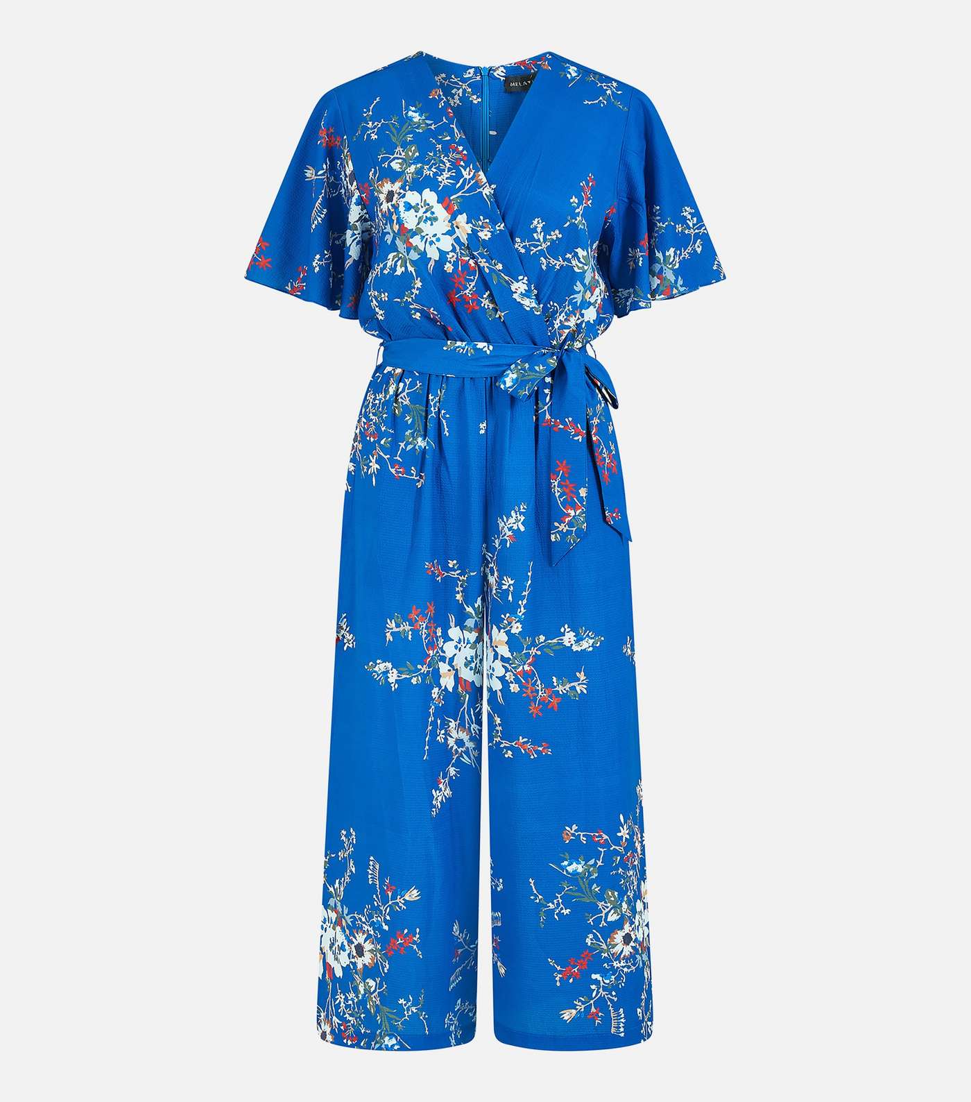 Mela Blue Floral Flutter Sleeve Crop Wrap Jumpsuit Image 5