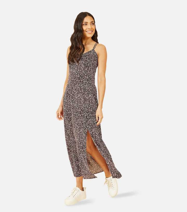 knee length dresses for ladies Black And Lilac Floral Print Strappy Slip Midi Dress – AX Paris main image 1