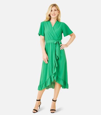 Mela Green Frill Belted Midi Wrap Dress New Look
