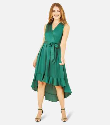Mela Dark Green Satin V Neck Sleeveless Dip Hem Midi Wrap Dress