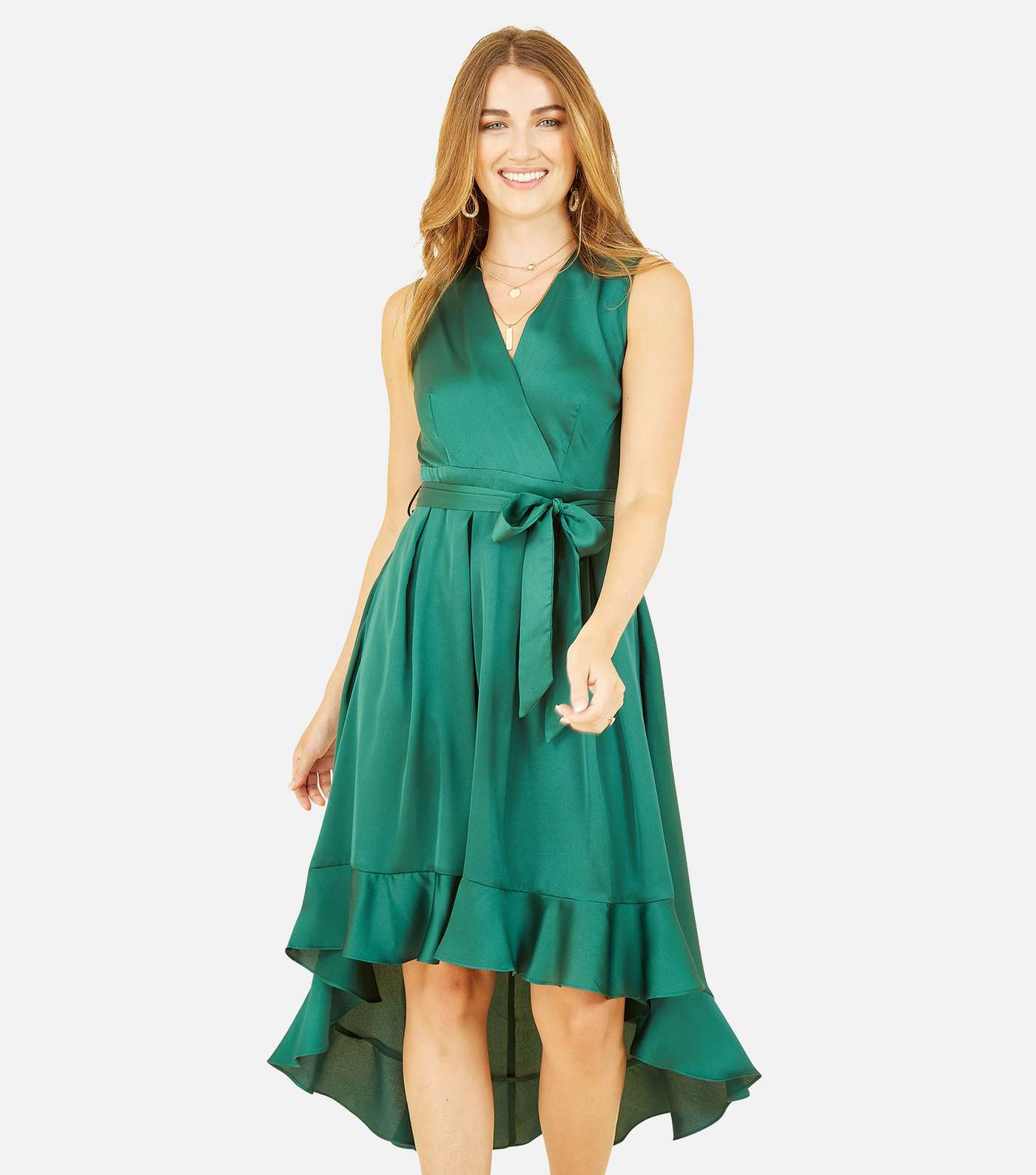 Mela Dark Green Satin Dip Hem Midi Wrap Dress Image 2