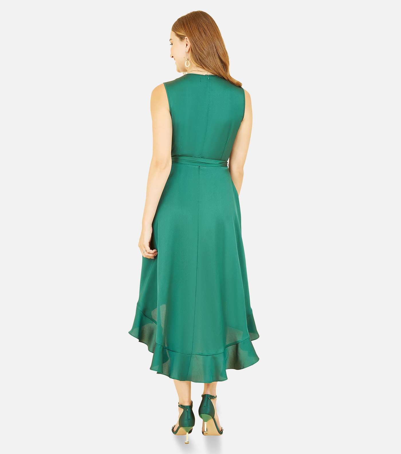 Mela Dark Green Satin Dip Hem Midi Wrap Dress Image 4