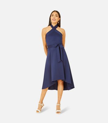 Mela Navy Halter Tie Waist Dip Hem Midi Dress New Look