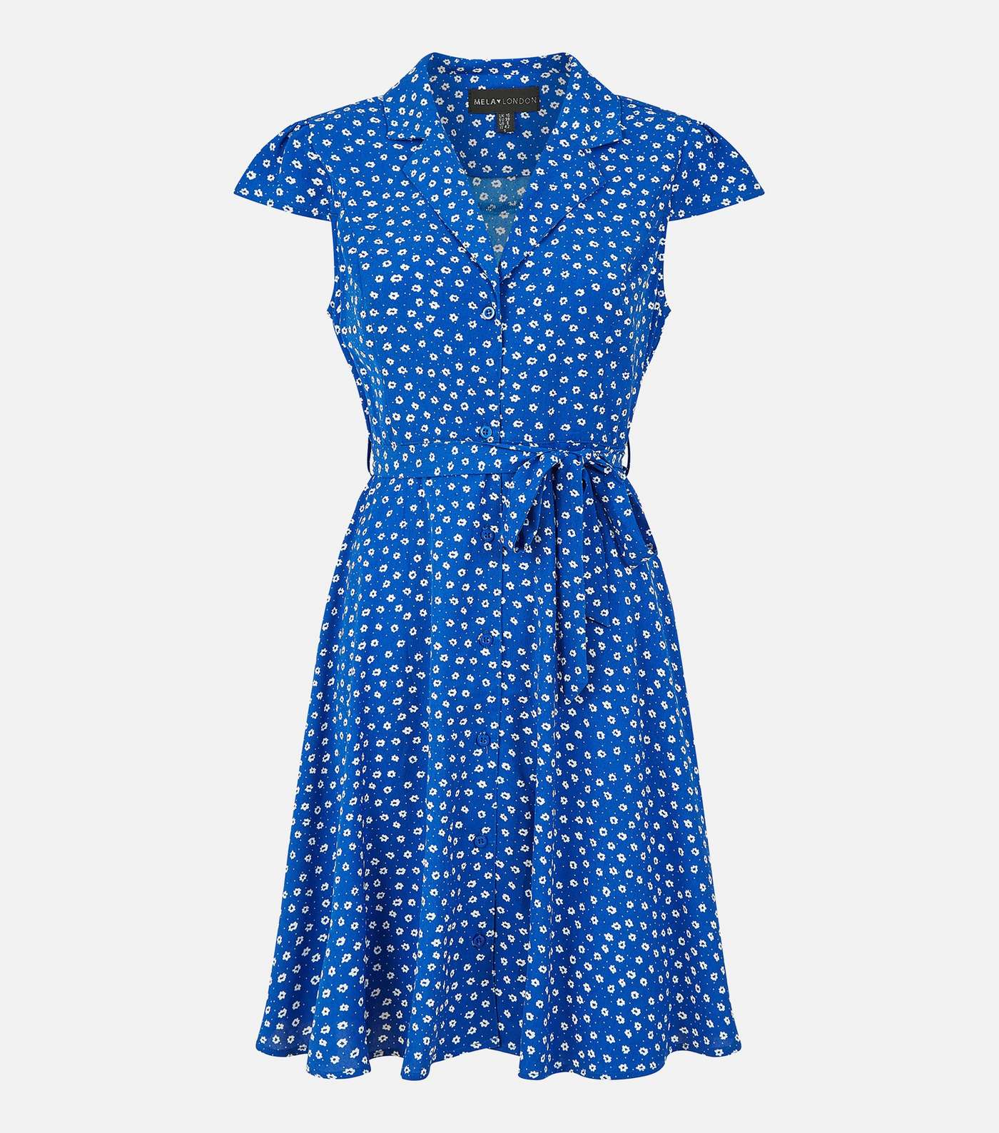Mela Blue Floral Cap Sleeve Belted Skater Dress Image 5