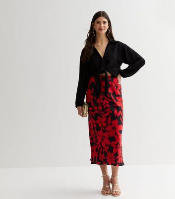 Red Floral Satin Bias Cut Midi Skirt