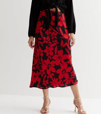 Black midi skirt with red flowers best sale