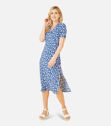 Blue ditsy floral 2025 split midi dress