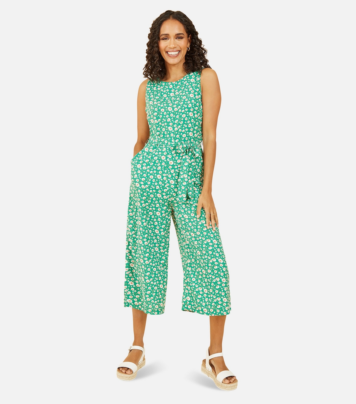 Women's Green Daisy Belted Sleeveless Crop Jumpsuit Mela New Look