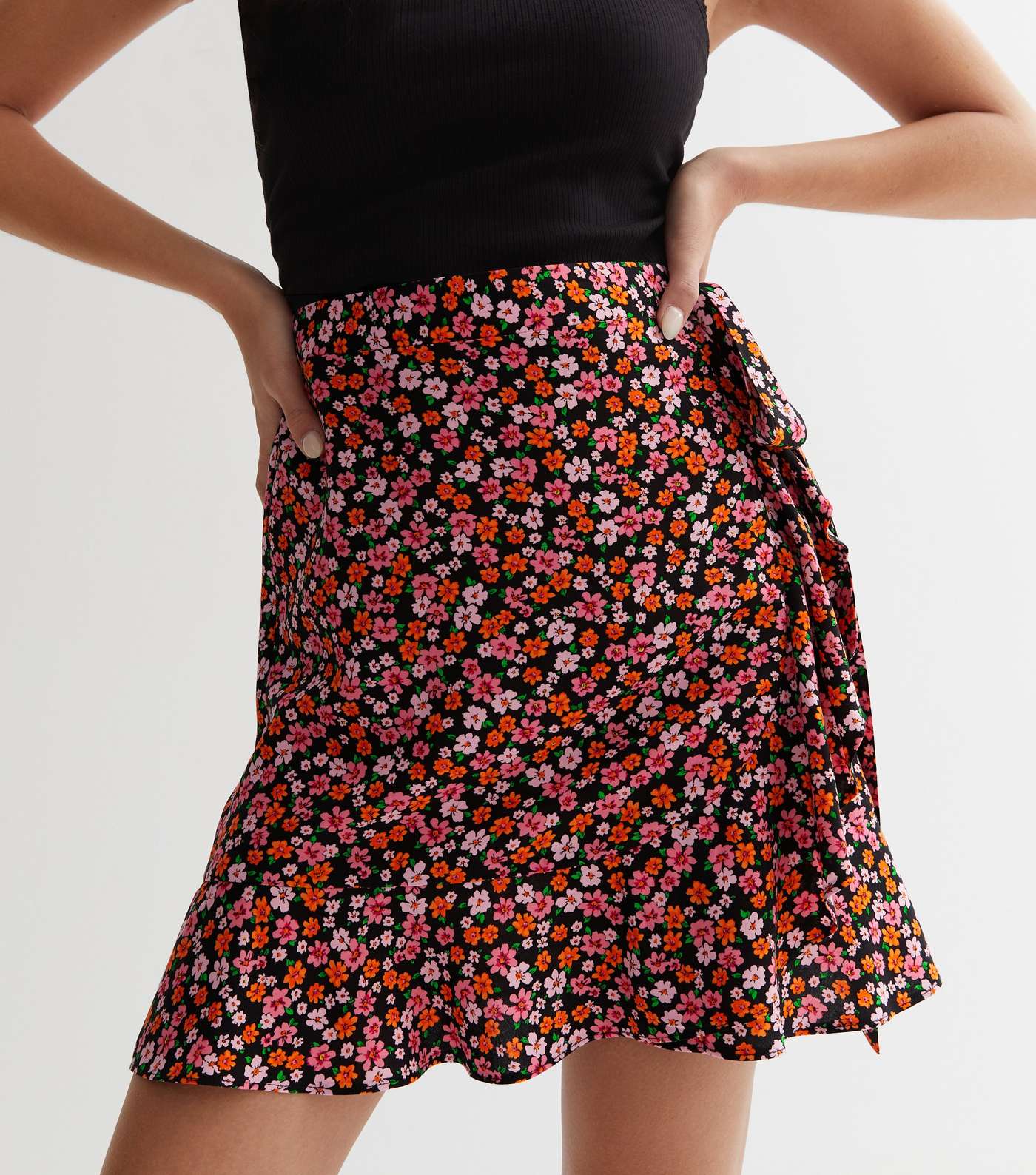 Black Ditsy Floral Ruffle Mini Wrap Skirt Image 3