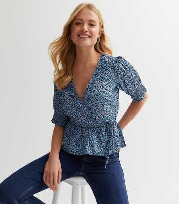 Blue Ditsy Floral Puff Sleeve Wrap Blouse