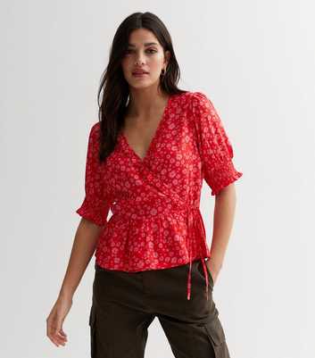 Red Ditsy Floral Puff Sleeve Wrap Blouse