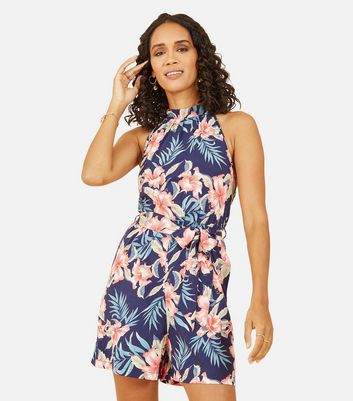 Mela Navy Floral Print Playsuit New Look