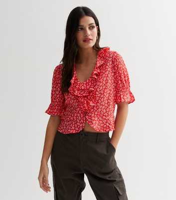 Red Ditsy Floral Ruffle Neck Blouse