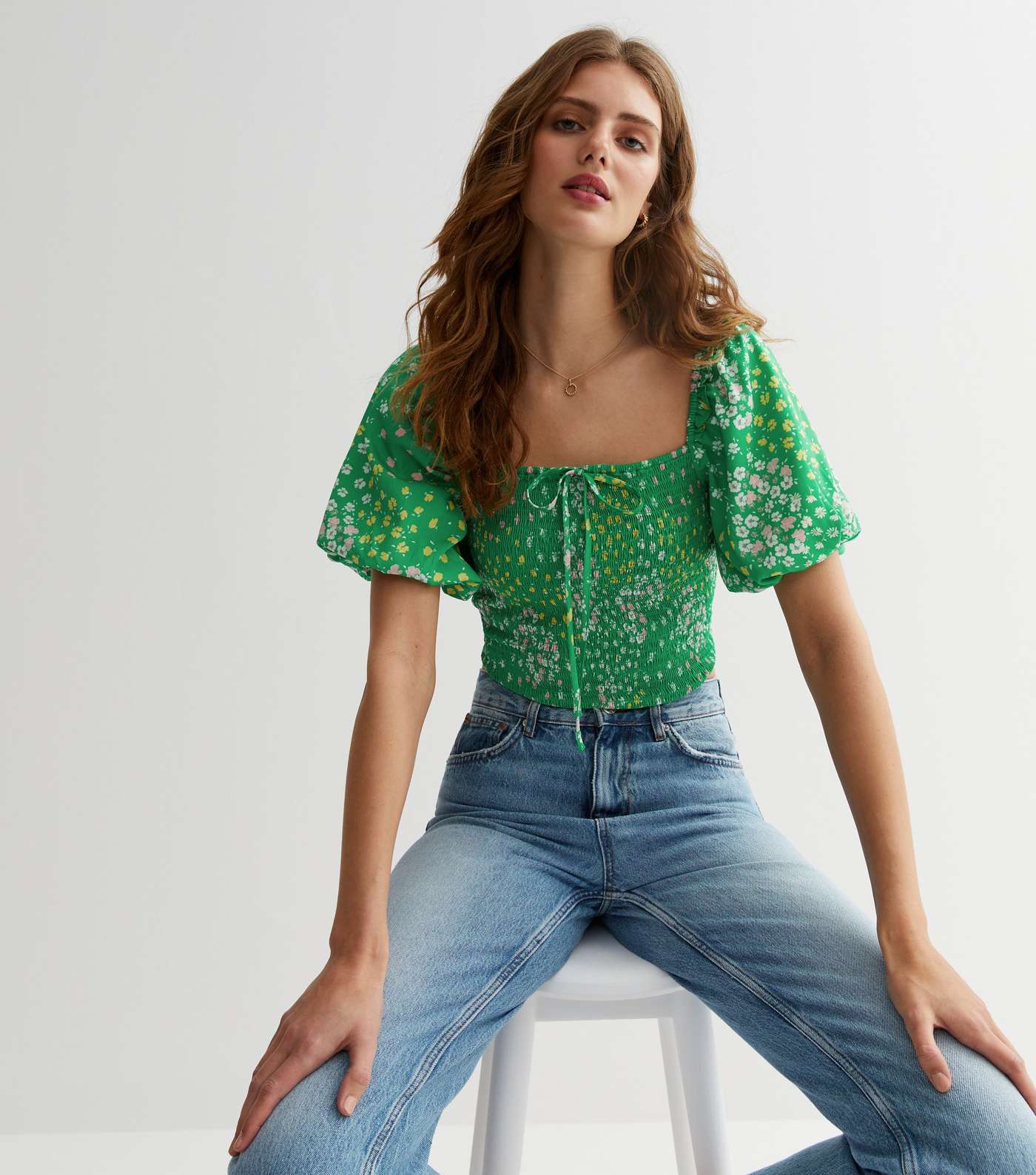 Green Ditsy Floral Shirred Puff Sleeve Top Image 2
