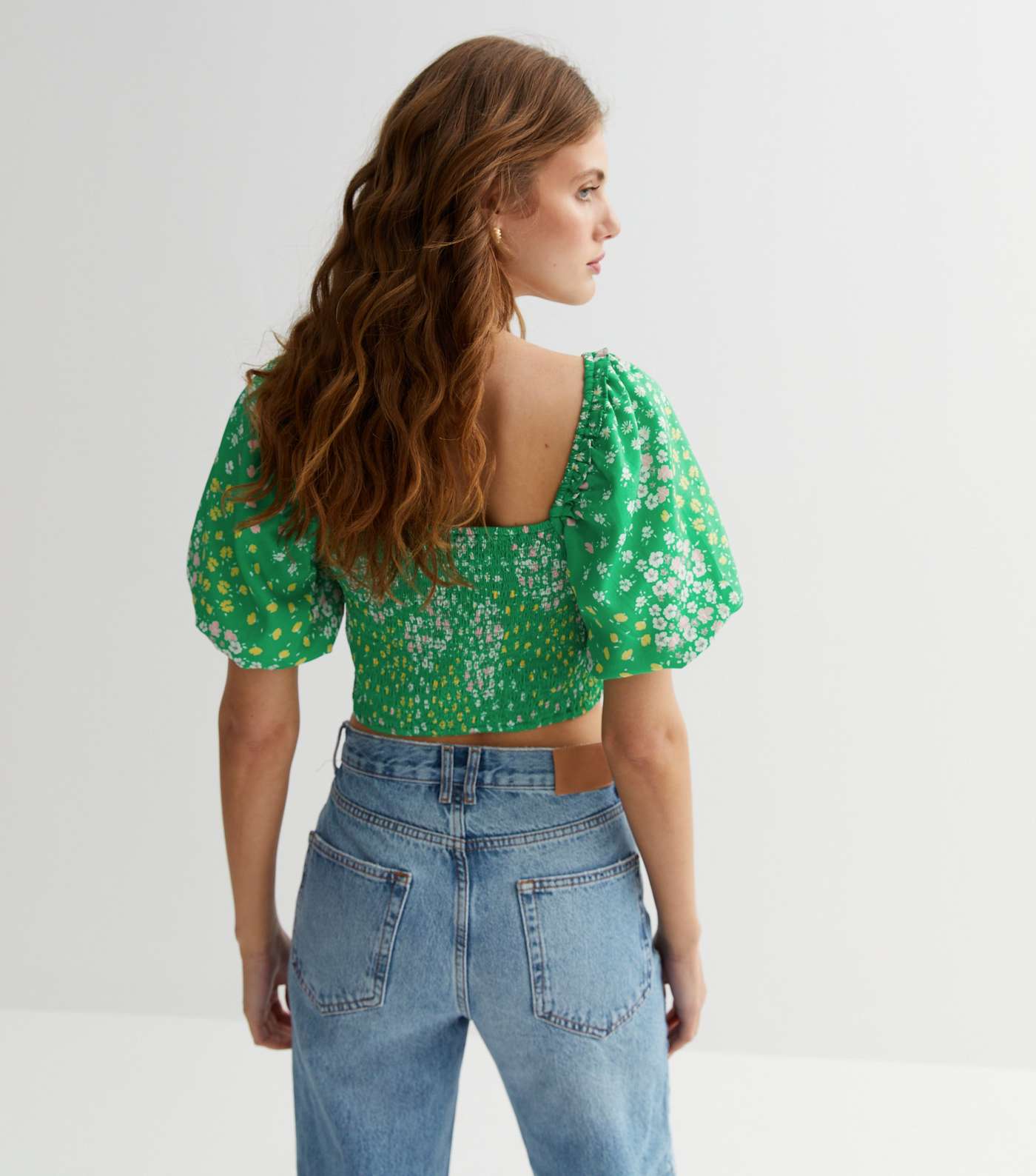 Green Ditsy Floral Shirred Puff Sleeve Top Image 4
