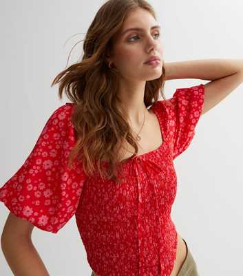 Red Ditsy Floral Shirred Puff Sleeve Top