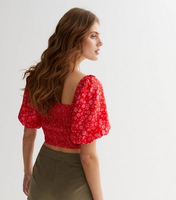 Red Ditsy Floral Shirred Puff Sleeve Top New Look