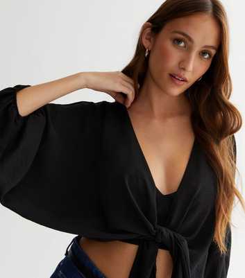 Black Tie Front 3/4 Sleeve Batwing Crop Blouse