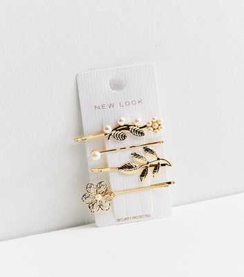 4 Pack Gold Floral Leaf Faux Pearl Hair Slides