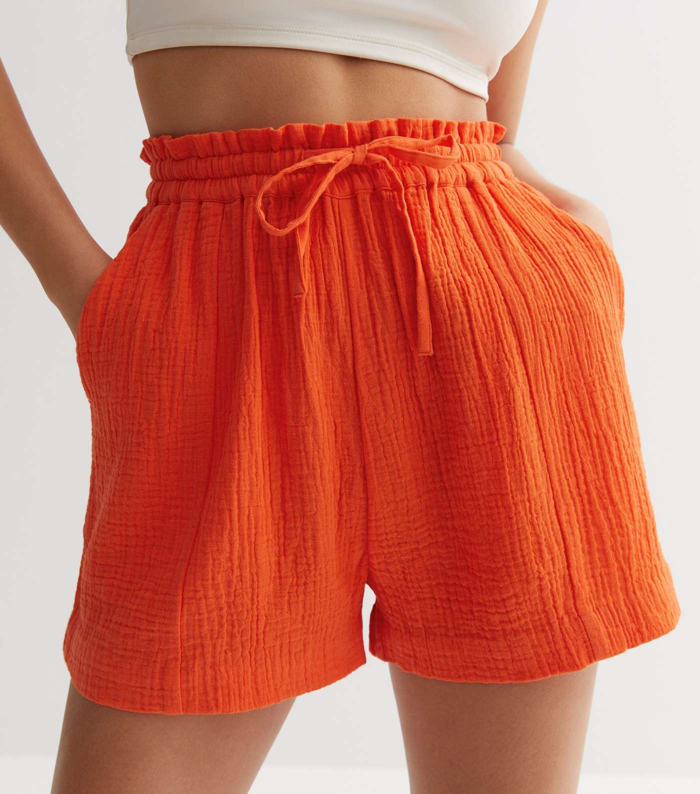 Bright Orange High Waist Drawstring Shorts Image 3