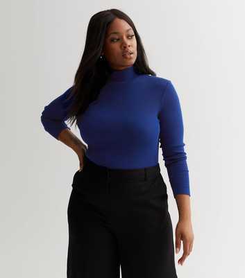 Curves Bright Blue Knit Roll Neck Long Sleeve Button Top