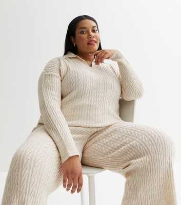 Curves Cream Cable Knit Collared Long Sleeve Top
