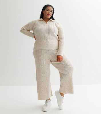 Curves Cream Cable Knit Wide Leg Trousers