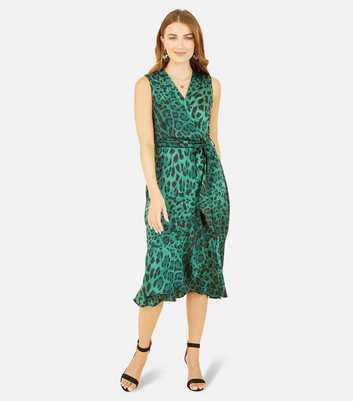 Mela Dark Green Leopard Print Sleeveless Ruffle Midi Wrap Dress