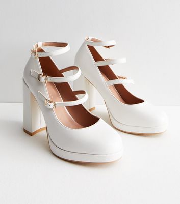 White genuine patent leather Square Toe Mary Jane Heels