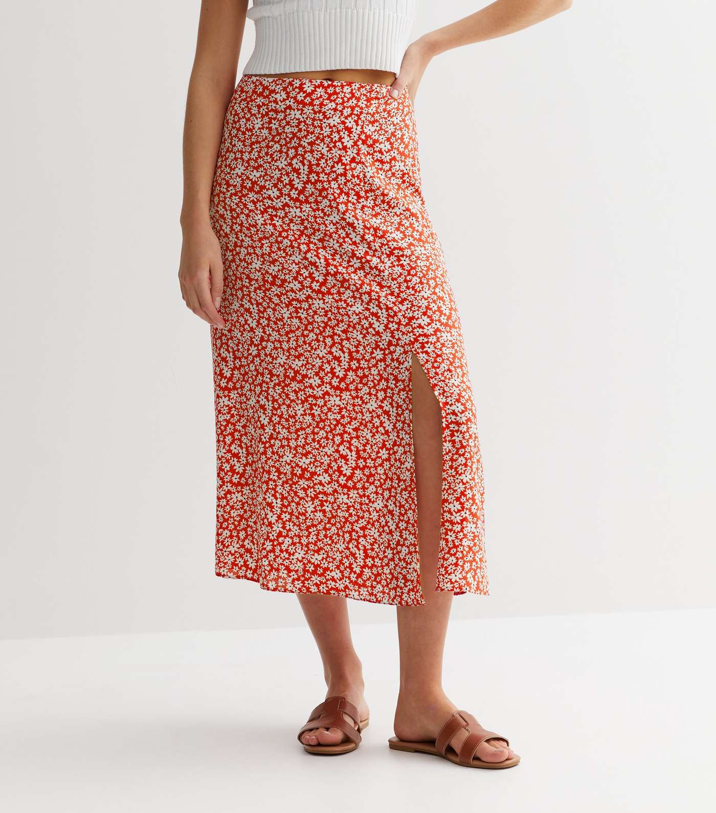 Red Ditsy Floral Split Hem Midi Skirt Image 2
