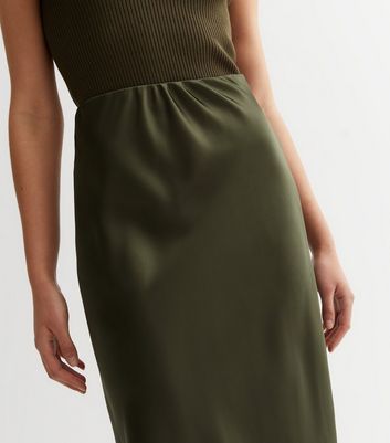 Olive Satin Bias Cut Midaxi Skirt New Look