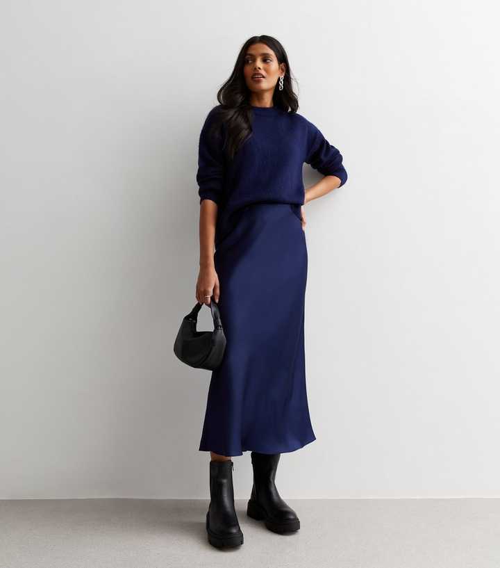 Navy Satin Bias Cut Midi Skirt