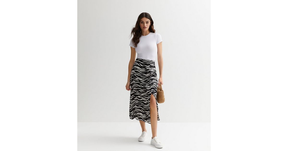 Black Zebra Print Split Hem Midi Skirt | New Look