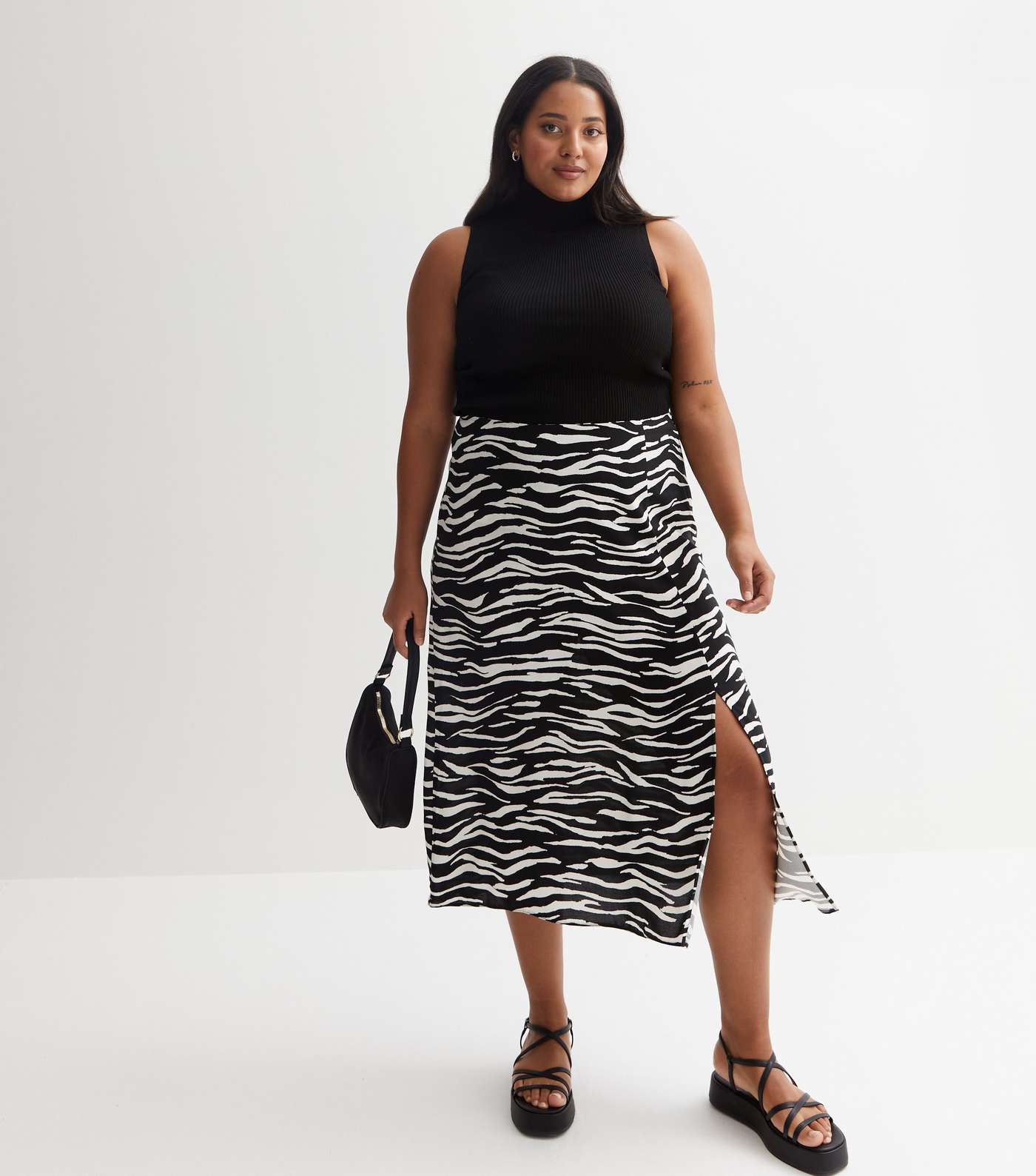 Black Zebra Print Split Hem Midi Skirt Image 6