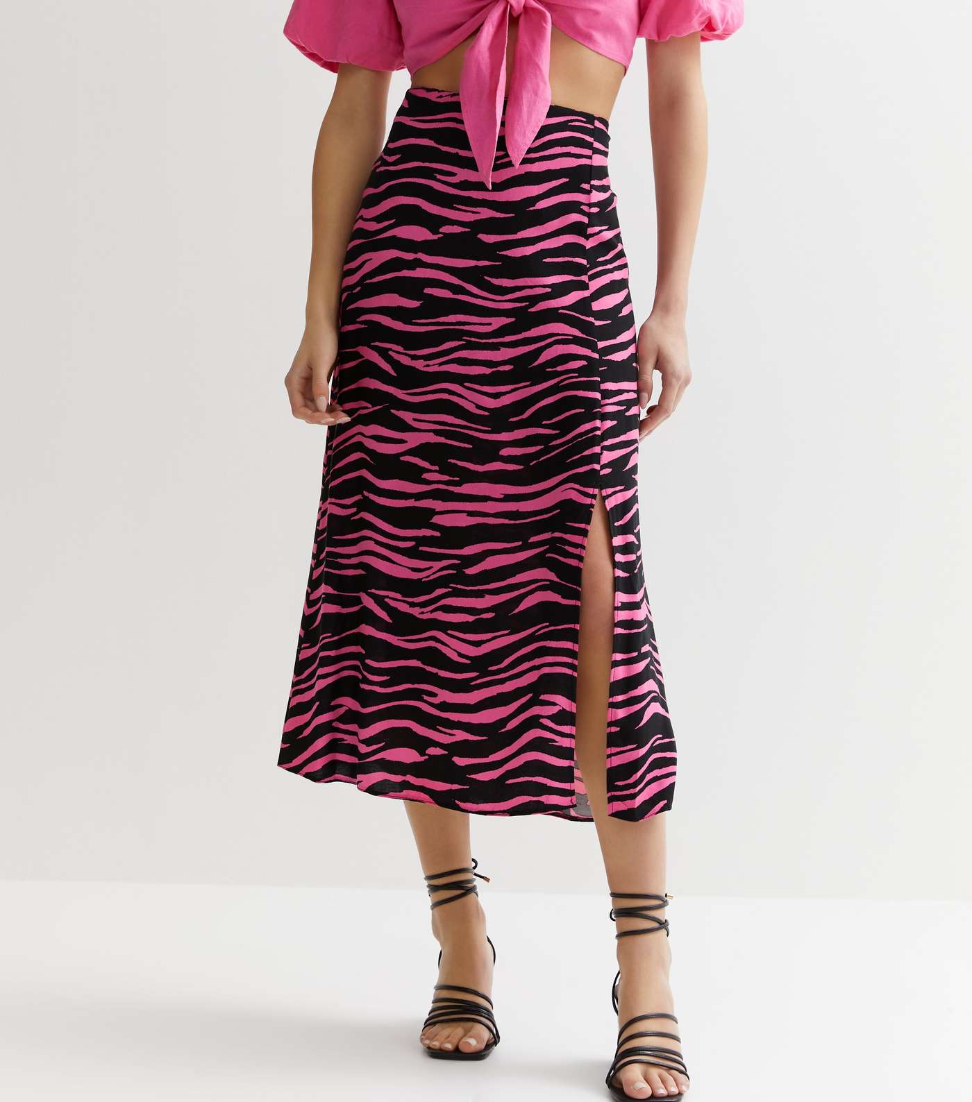 Pink Zebra Print Split Hem Midi Skirt Image 2