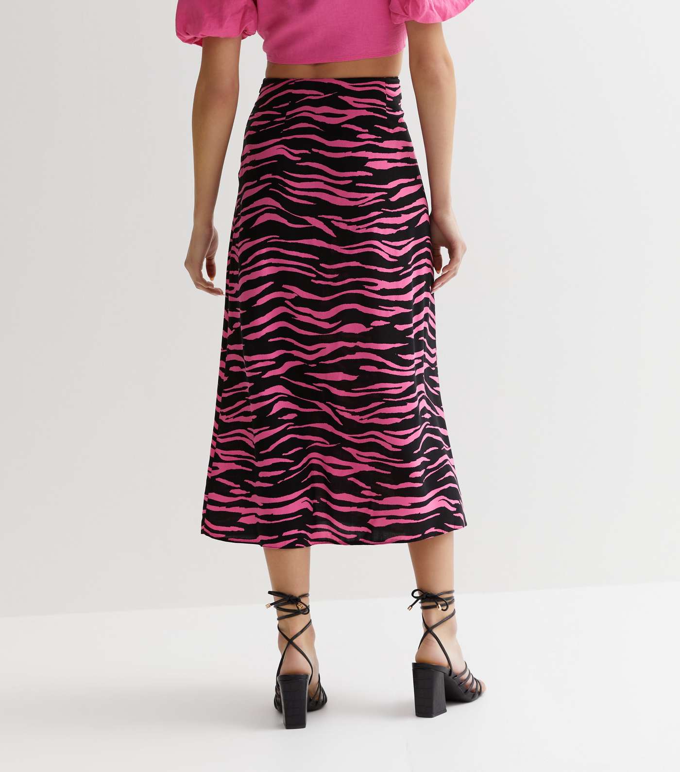 Pink Zebra Print Split Hem Midi Skirt Image 4