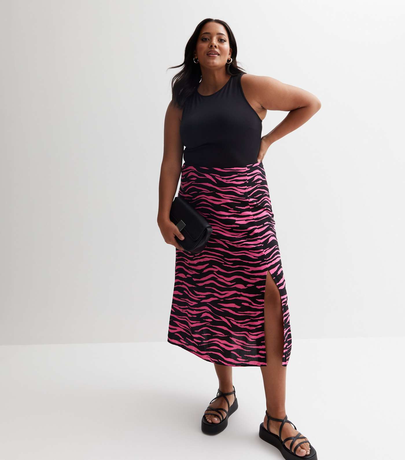 Pink Zebra Print Split Hem Midi Skirt Image 6