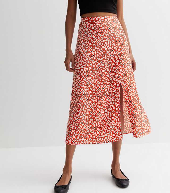 new look split detail midi dress in red floral pattern Paneros Clothing Stella Midi Dress in Chili Flower