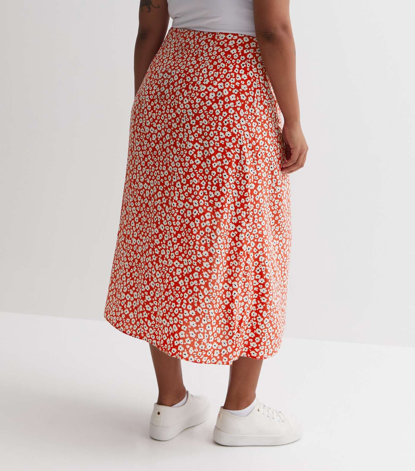 Red Ditsy Floral Split Hem Midi Skirt Image 6