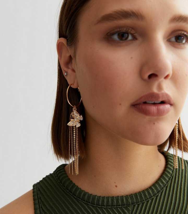 Gold Butterfly Charm Tassel Hoop Earrings