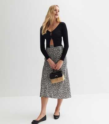 Black Ditsy Floral High Waist Bias Cut Midi Skirt