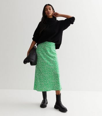 Green Ditsy Floral Bias Cut Midi Skirt